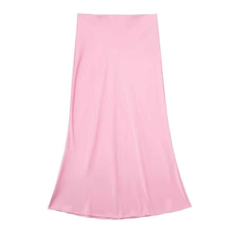スカート レディース 春夏 ミディ丈 膝下 Aライン ポリエステル サテン 無地 ピンク系 ブラック