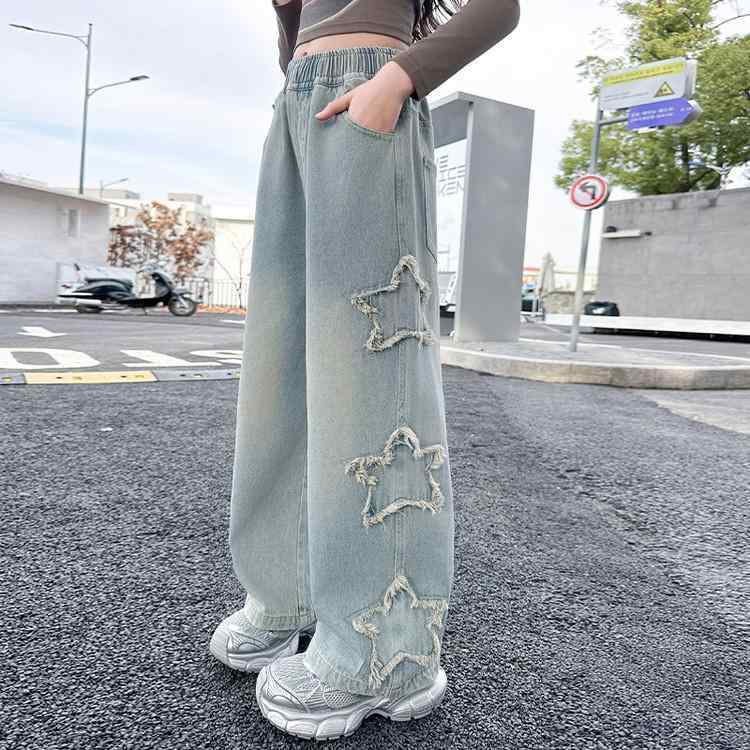 子供用ジーンズ 春秋物 女児 デニムパンツ ストレート ワイドレッグパンツ 長ズボン 中大サイズ B類 中..