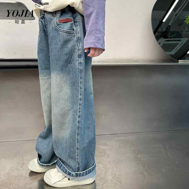 子供服 デニムパンツ ガールズ ストレートパンツ ロングパンツ コットン100％ 高腰 伸縮性 ウエストゴ..