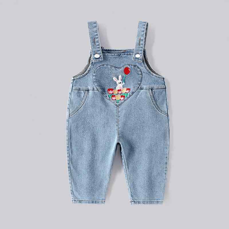 キッズ オーバーオール 女の子 デニム ロングパンツ 春秋 3歳〜8歳 100cm〜140cm 小ウサギ 刺繍 かわいい 高腰 調整可能 コットン ブルー