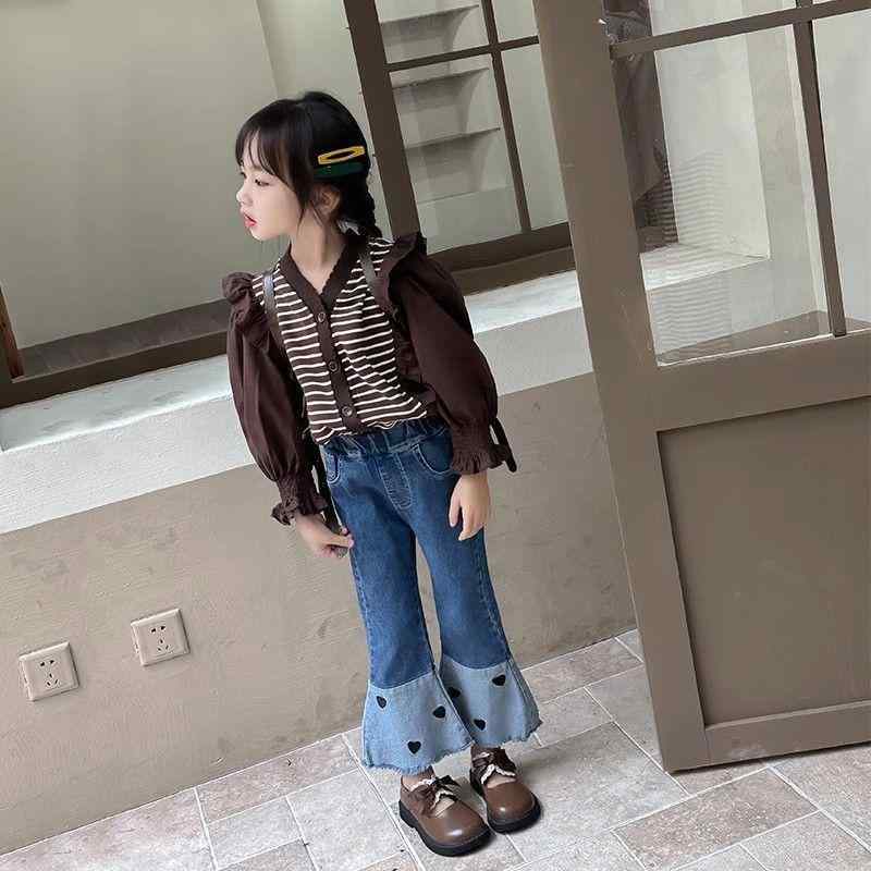 子供 デニム パンツ 女の子 秋物 長ズボン 中厚手 ベルボトム ジーンズ 普段着 伸縮性 90 100 110 120 130 140 150 ブルー グレー