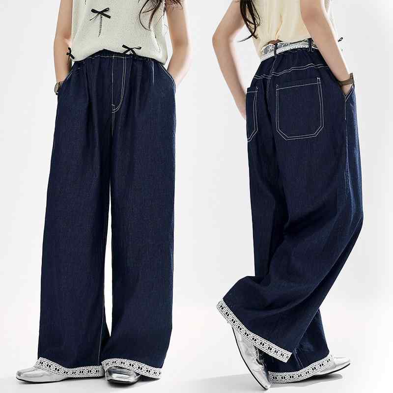 キッズ デニムパンツ ガールズ ワイドレッグ ジーンズ 薄手 ゆったり ストレート ズボン 綿100% 通学 普段着 春夏