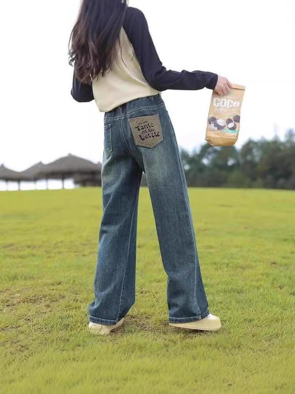 子供服 デニムパンツ ガールズ 春秋 中厚手 ストレート ズボン 女児 ロングパンツ カジュアル 普段着 通学着 ミディアムウエスト 120cm 130cm 140cm 150cm 160cm 170cm