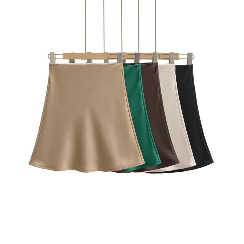 スカート レディース シルク サテン 膝上丈 Aライン ポリエステル 伸縮性 無地 ブラック ピンク系