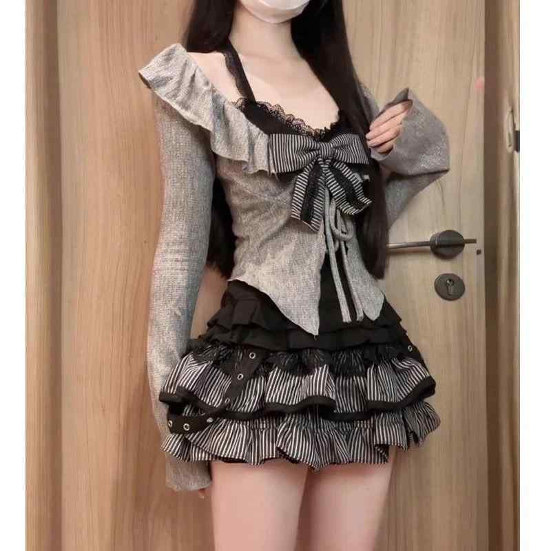 レディース セットアップ 春季 純欲風 スパイシーガール 黒 レース キャミソール 灰色 ニット カーディガン 短め ハーフスカート 動物..