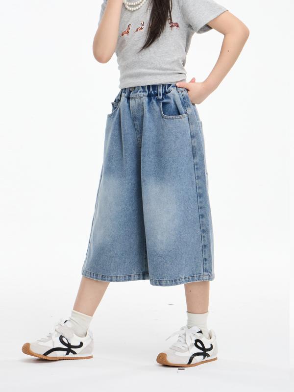 キッズ デニム ワイド キュロットパンツ 春夏 子供服 女の子 女児 ガールズ ゆったり 高学年 ジュニア レトロブルー 120cm 130cm 140cm 150cm 160cm 170cm
