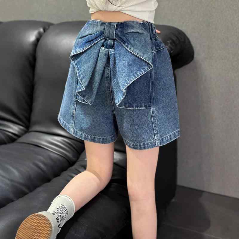 子供服 デニムショートパンツ 女の子 バタフライ 蝶結び付き 短パン 夏 B類 中大童 120cm 130cm 140cm 150cm 160cm 170cm 中ウエスト 砂洗加工