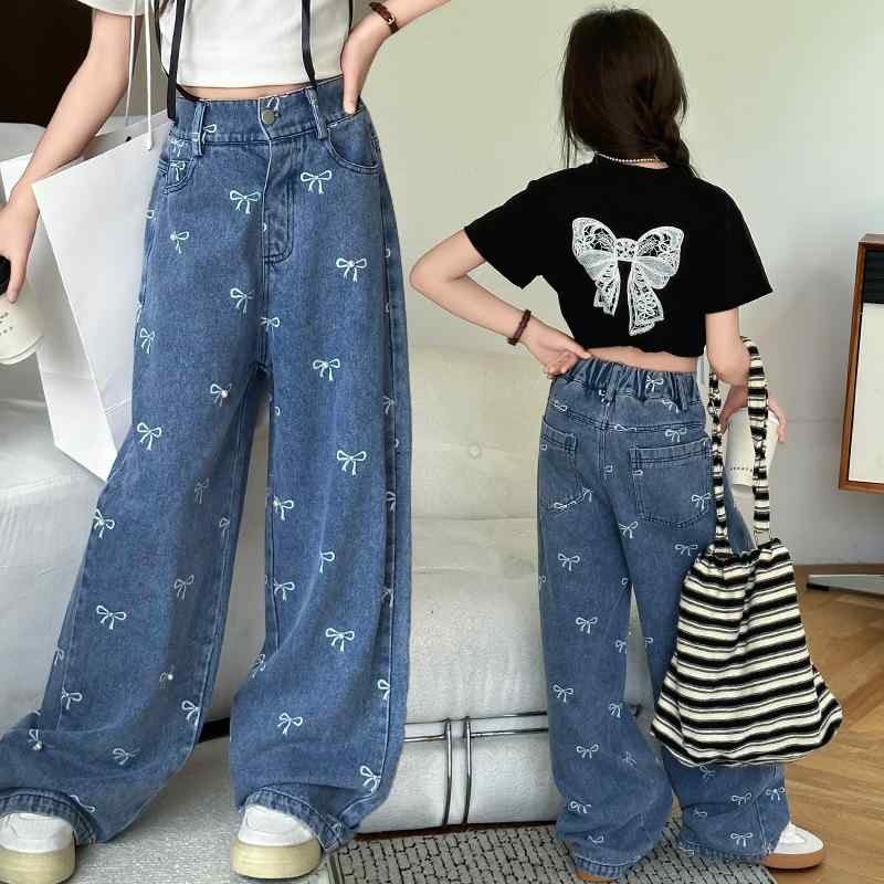 子供用ジーンズ 女の子 ワイドレッグパンツ 夏服 バタフライプリント 女児 8歳以上 140cm以上 ブルージーンズ デニムパンツ ガールズ 中大童 長ズボン ジーパン