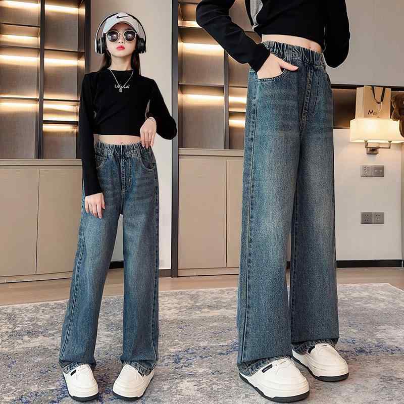 子供用ジーンズ ガールズ デニムパンツ ストレートパンツ ロングパンツ 春秋 中厚手 裏起毛 8歳以上 ブ..