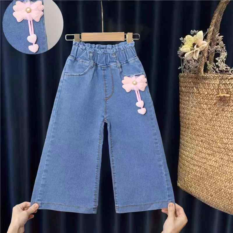Other - デニムパンツ ガールズ 子供服 春夏 ワイドレッグ 9分丈 ウエストゴム 韓国風 かわいい おしゃれ 100cm 110cm 120cm 130cm 140cm