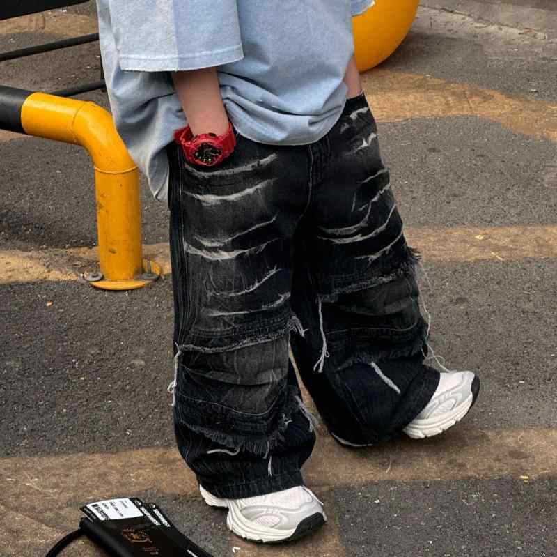 キッズ デニムパンツ 男の子 子供服 ロングパンツ ダメージ加工 ブラック ブルー 春 中小 बच्चों ミドルウエスト ウエストゴム