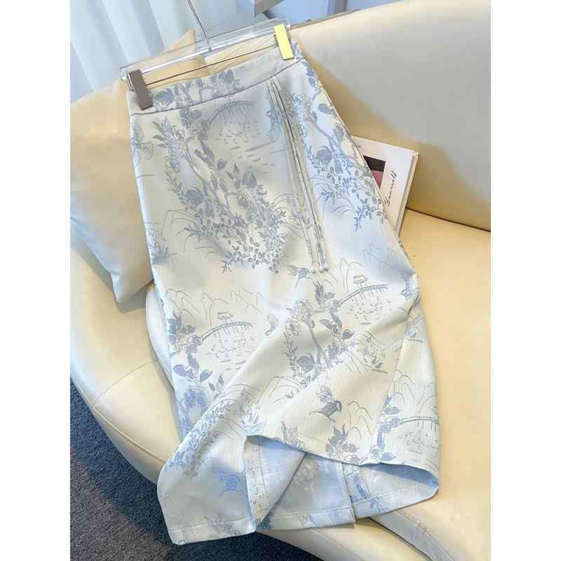 スカート レディース 春秋 シルク サテンスカート ミモレ丈 タイトスカート 刺繍 花柄 淡青色 杏色 黒色