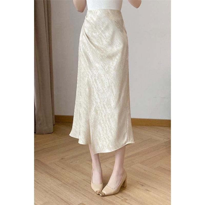 スカート レディース 高腰 Aライン 皺 寄せ 緞子 サテン 魚尾 マーメイド ミモレ丈 ひざ下丈 無地 きれいめ 通勤 オフィス お出かけ 杏色 黒