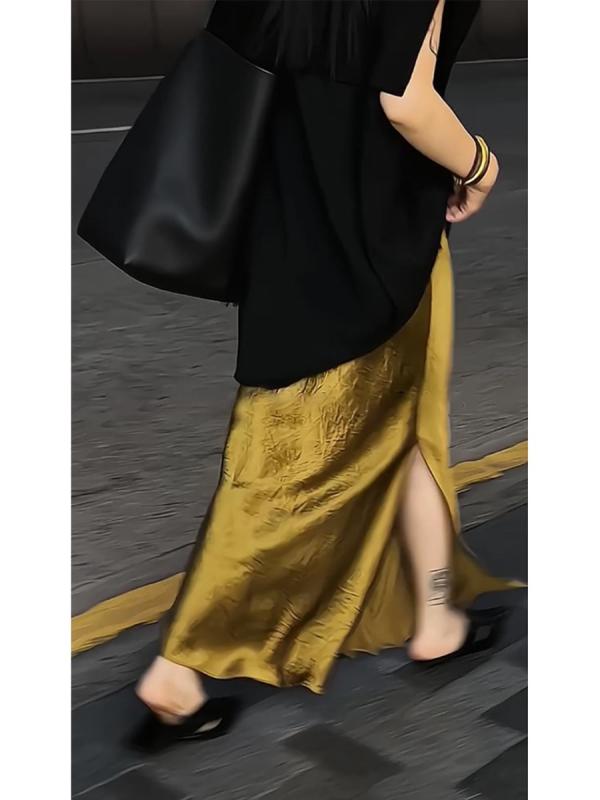 スカート レディース Aラインスカート ロング 金色 サテン 開き 肌理感 模様 無地 ポリエステル 文芸復古 港風
