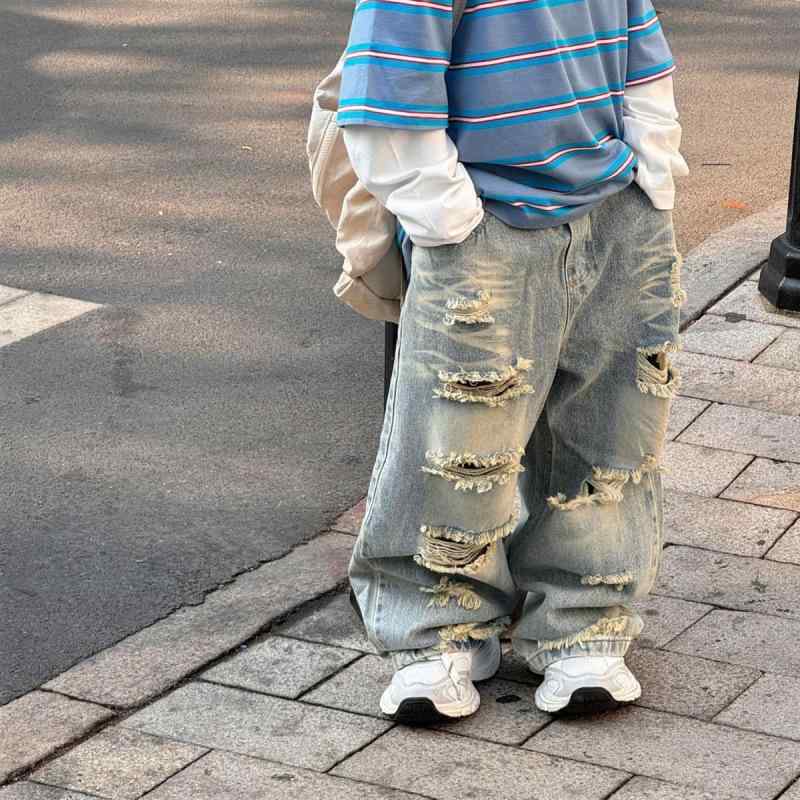 子供用ジーンズ 男の子 レトロ アメリカン ダメージ加工 デニムパンツ キッズ 長ズボン ボーイズ 春秋 カジュアル ミドルウエスト 90cm 100cm 110cm 120cm 130cm 140cm 150cm
