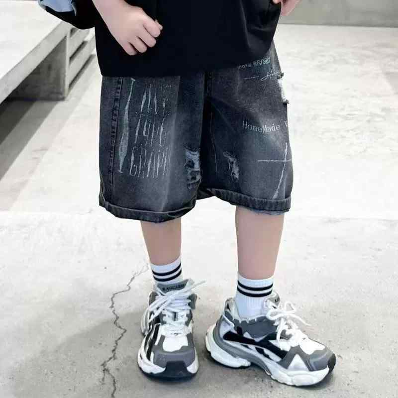 子供用パンツ キッズ 男の子 デニム ショートパンツ ブラック 夏用 ハーフパンツ 韓国風 スポーティ 8歳以上 中大童サイズ コットン混紡