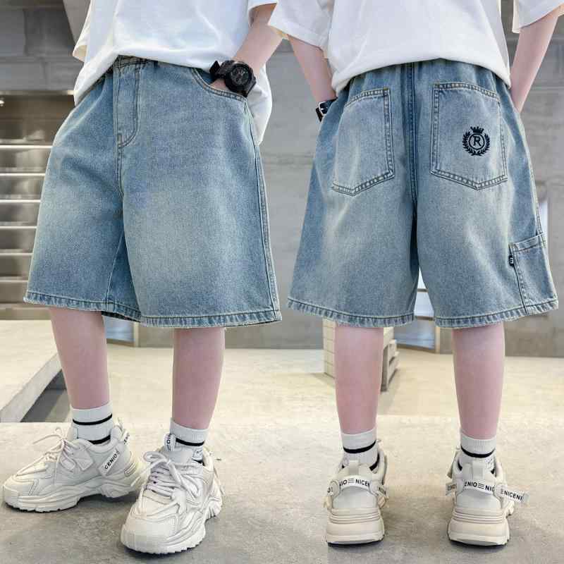 キッズ デニム ハーフパンツ 男の子 子供服 薄手 ショートパンツ 7分丈 5分丈 夏用 カッコいい ボーイズ ズボン 英字柄 パッチワーク 高学年 普段着 B類