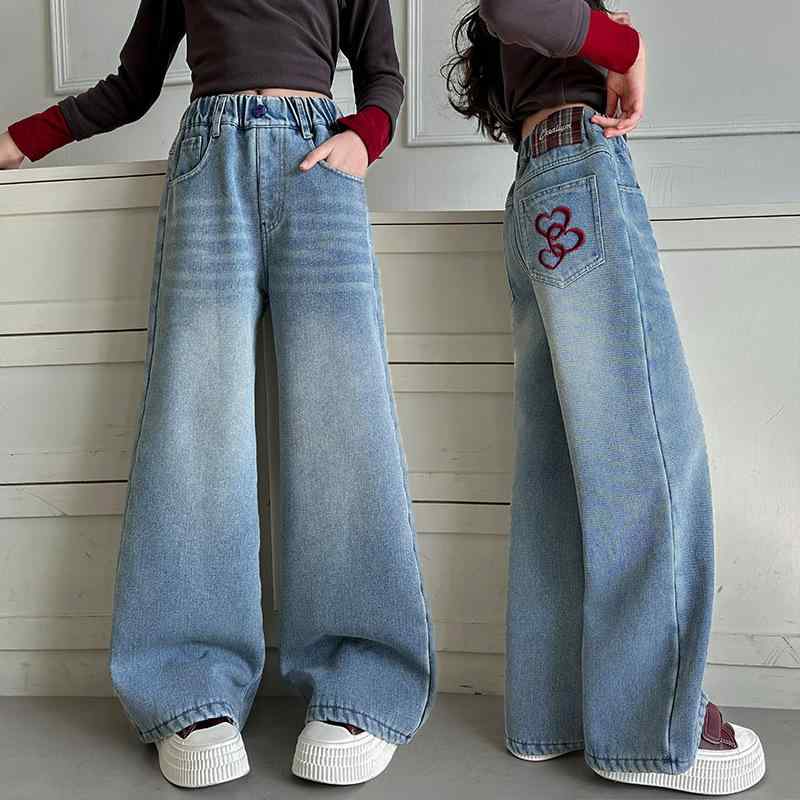 子供用ジーンズ ワイドパンツ 春秋 春 高学年向け カジュアル 長ズボン 女の子 女児 コットン デニム ジーパン ガールズ 普段着 120 130 140 150 160 170 ブルー