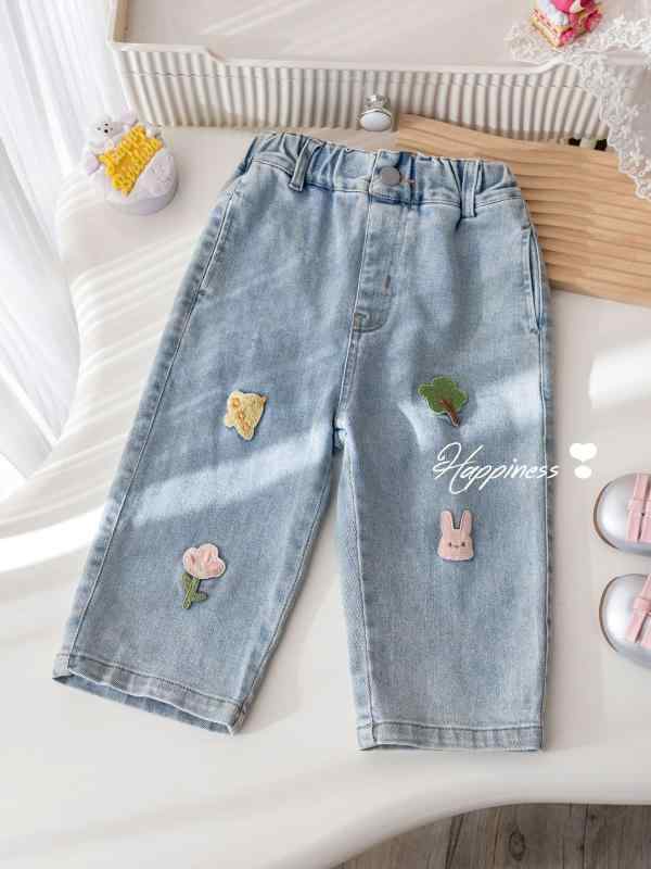 子供用ジーンズ 春秋 女児 ストレートパンツ ロングパンツ 刺繍入り 普段着 デニムパンツ ブルージーンズ 90cm 100cm 110cm 120cm 130cm 140cm