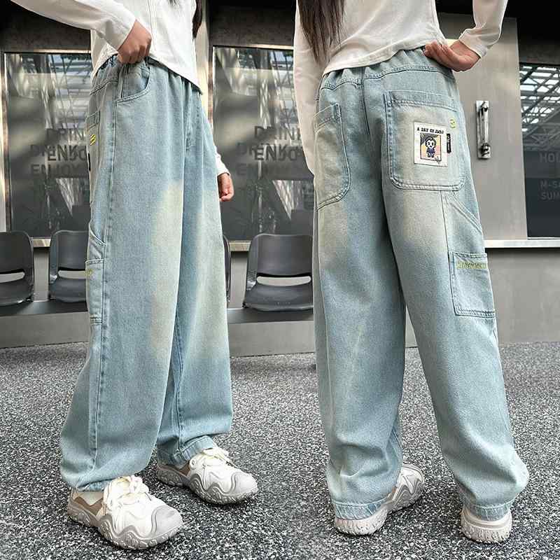 ジーンズ キッズ 女の子 子供 デニムパンツ カジュアルパンツ ストレートパンツ ワイドパンツ ゆったり 高学年 ジュニア ブルー 綿