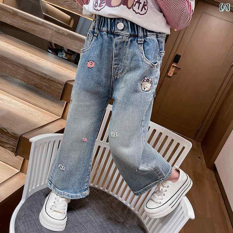 子供服 ジーンズ 春秋 女児 デニムパンツ 小熊 花柄 韓国風 ストレートパンツ 90cm...