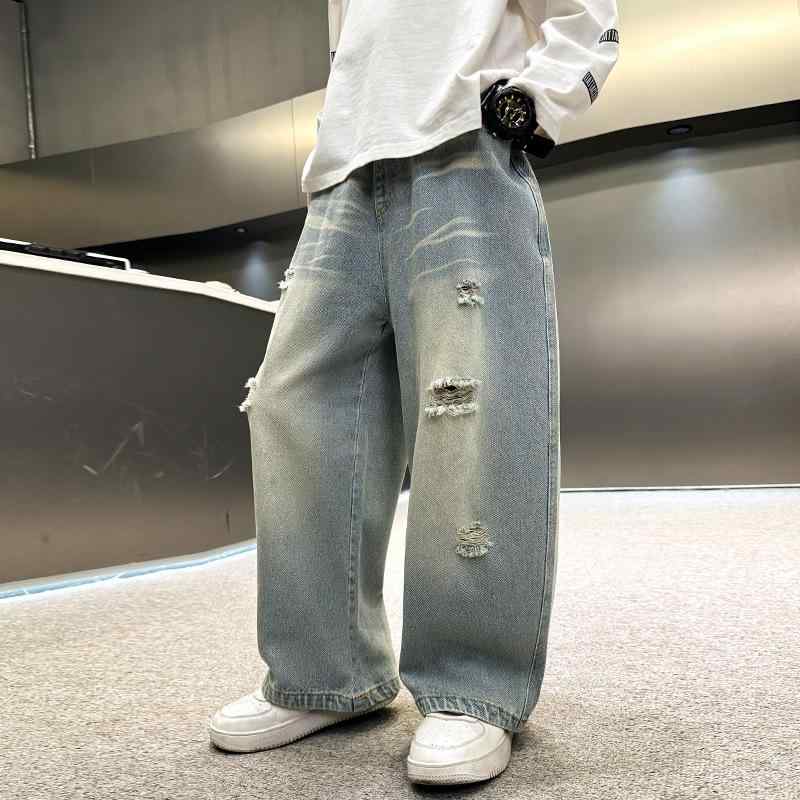 子供用ジーンズ 男児用デニムパンツ 春秋物 ボーイズ ジーパン ロングパンツ ゆったり 破れ加工 120cm 130cm 140cm 150cm 160cm 170cm