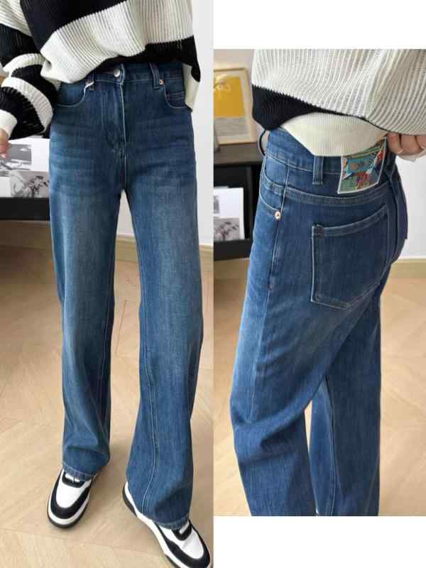 Long Pants - ジーンズ レディース 秋冬 高見え 裏起毛 ストレッチ ストレート ズボン ジーパン デニム 厚手 あったか 暖か 美脚 脚長 高身長 ワイド レッグ パンツ 黒 ブラック 春秋