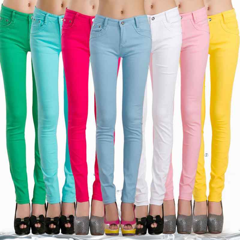Capri Pants - デニム レディース ストレッチ スキニー パンツ 小脚パンツ カラーデニム 伸縮性 スリム ミディアムウエスト 春秋 ロングパンツ 白 黒 紺色 赤 ピンク系