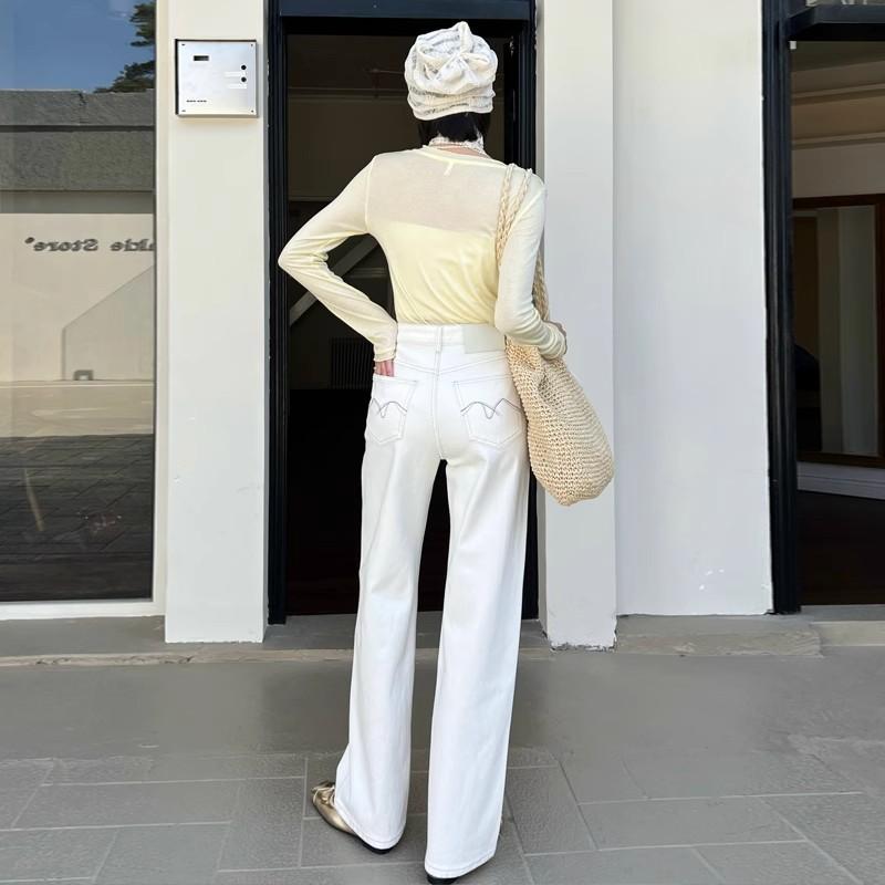 デニム レディース ジーンズ 白 ストレッチ テーパード ハイウエスト カジュアル 韓国風