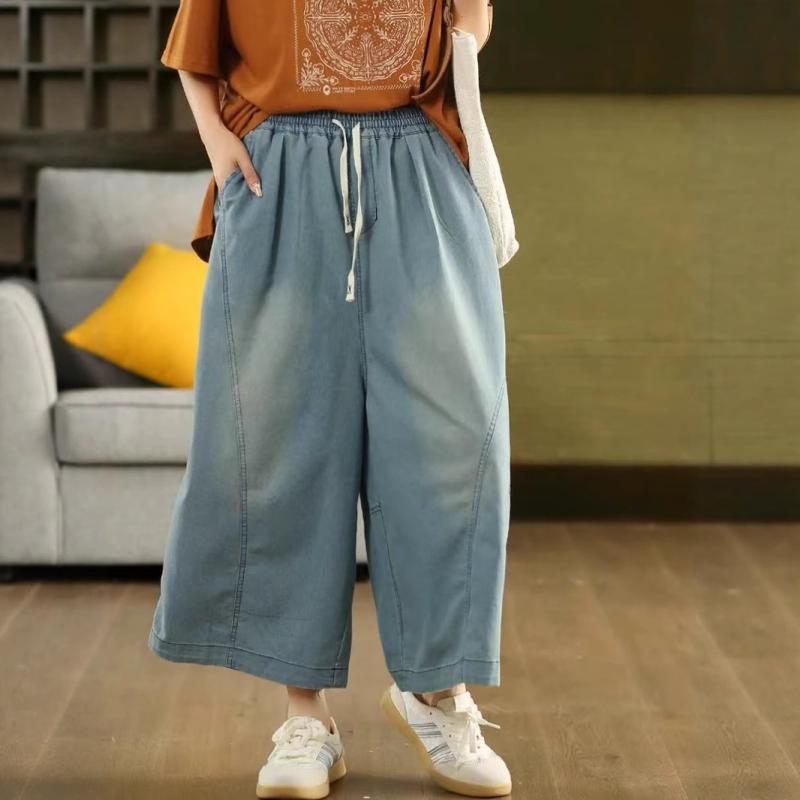 Capri Pants - デニム レディース テーパード 薄手 切り替え ストレート パンツ 春夏 中国風 レトロ ミドルウエスト ジーンズ ゆったり ワイド