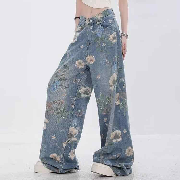 Capri Pants - デニム レディース 美脚 ワイドレッグ ジーンズ ストレート パンツ 春夏 ダメージ加工 ゆったり 中 толстовка ウエスト ポケット付き カジュアル ブルー S M L XL 2XL 3XL