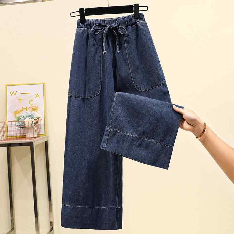 Capri Pants - デニム レディース 大きいサイズ ゆったり ワイドレッグ ジーンズ パンツ レトロ ハイウエスト ストレート ジーパン S M L XL 2XL 3XL 4XL 5XL 深藍色 春夏