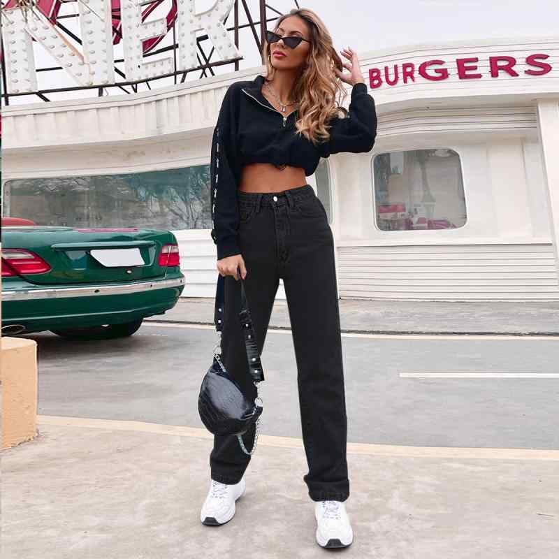 Jeans, Denim - ジーンズ レディース 高腰 デニム ストレート 9分丈 ジーパン ズボン ボトムス ゆったり 伸縮性 ブラック 黒 ブルー 藍色 ウォッシュ加工 文芸 レトロ 古着風