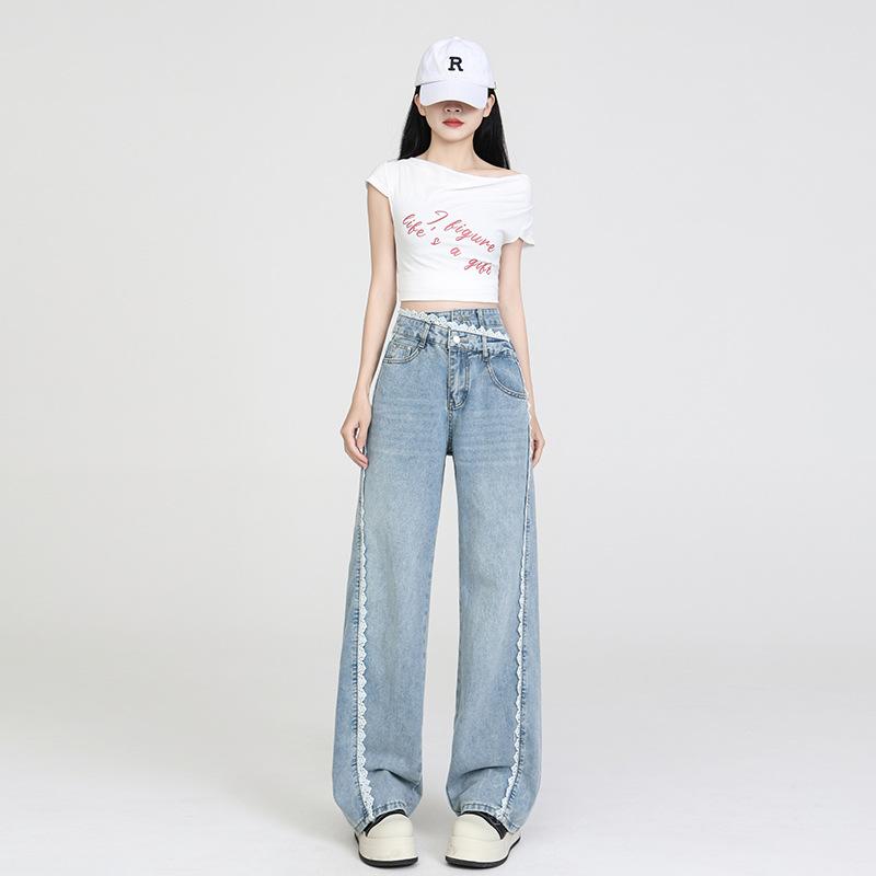 デニム レディース レース 切り替え ジーンズ ジーパン ワイドレッグパンツ ハイウエスト 美脚 スタイルアップ 9分丈 浅ブルー