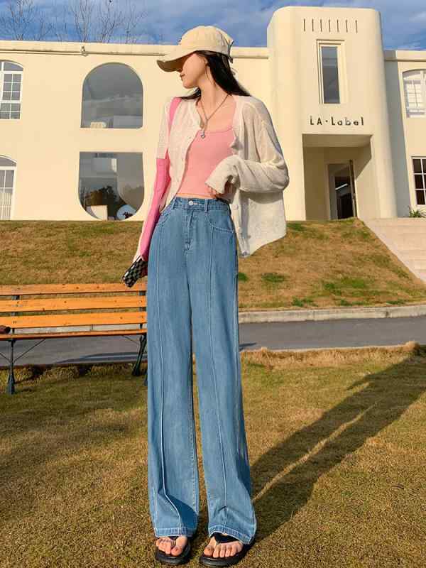 デニム レディース 春夏 薄手 高 হাইウエスト স্ট্রেট 接触冷感 ワイドレッグパンツ テンセル デニムパンツ ジーパン ジーンズ 复古風