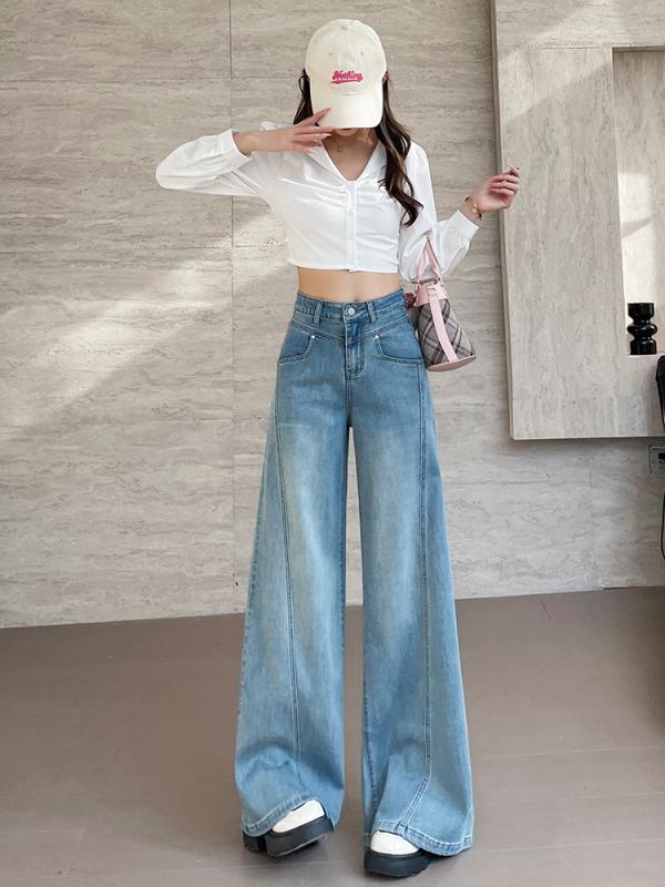 デニム レディース 高腰 ワイドレッグ ジーンズ ジーパン ズボン パンツ ストレート ゆったり 7分丈 9分丈 ロング 天空色 スカイブルー..