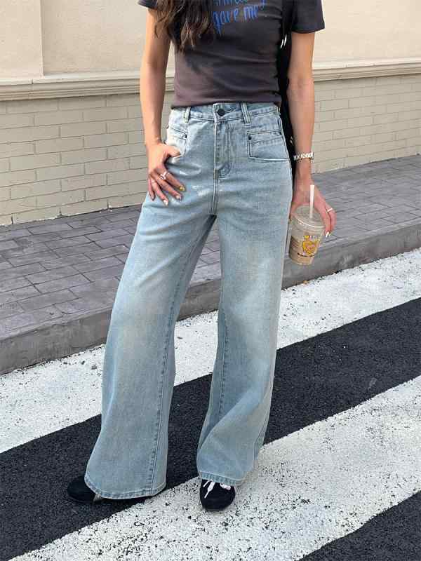 デニム レディース 高腰 ストレート ジーンズ パンツ カジュアル 韓国風 ゆったり デニムパンツ ジーパン ロングパンツ ポケット付き