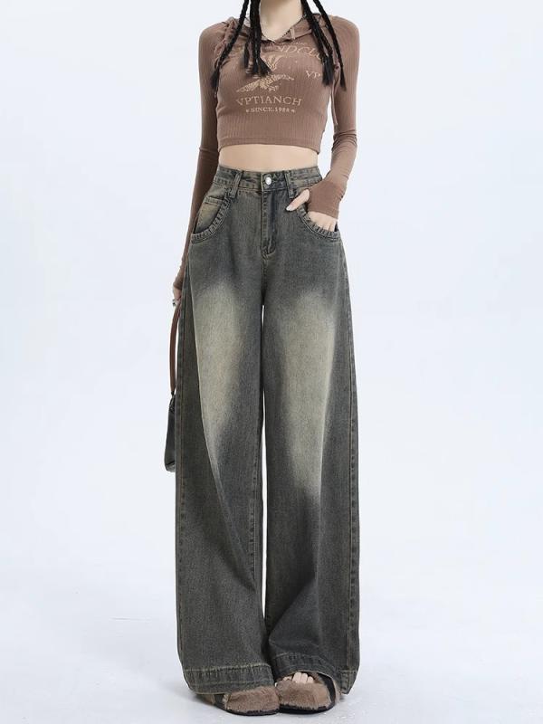 ジーンズ レディース ワイドレッグ デニムパンツ ハイウエスト ストレート ゆったり ヴィンテージ風 ブルージーンズ ジーパン パンツ ボトムス 長ズボン デニム 綿 ポリエステル