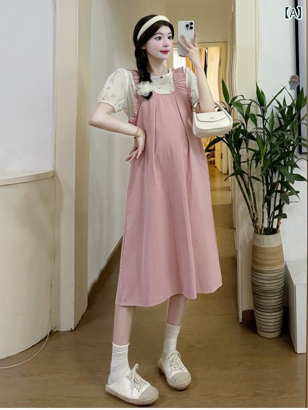 Other - マタニティ ワンピース 夏季 韓国風 かわいい ゆったり スリム 背広スカート ラウンドネック 半袖 シャツ セット ピンク 緑 ネイビー 純色 中長丈 ポリエステル 素材 清新 スタイル 甘め デザイン ゆったりシルエット 軽量 快適 普段使い