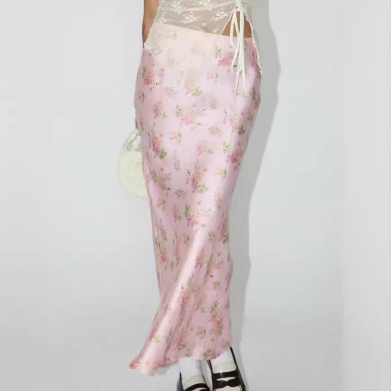 ワンピース レディース 膝丈ワンピース サテン フラワープリント スリット入り ポリエステル ピンク系 エレガント 上品 パーティードレス フォーマルドレス