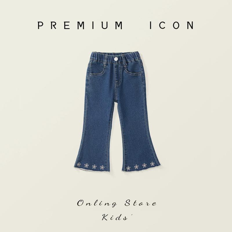 子供服 デニムパンツ 女の子 刺繡 ストレッチ スリム ベルボトム ロングパンツ ガールズ 女児 春秋 中..