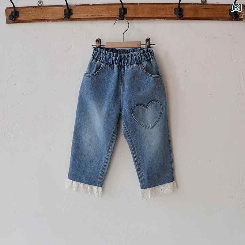子供服 デニムパンツ ガールズ 女の子 裾レース 春秋 伸縮性 ウエストゴム コット...