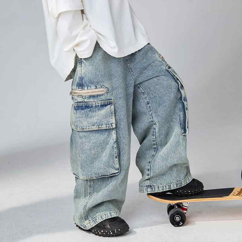子供用ジーンズ 男の子 ゆったりワイドレッグパンツ デニムパンツ ブルージーンズ ボーイズ 8歳以上 中腰 ゴムウエスト 春秋