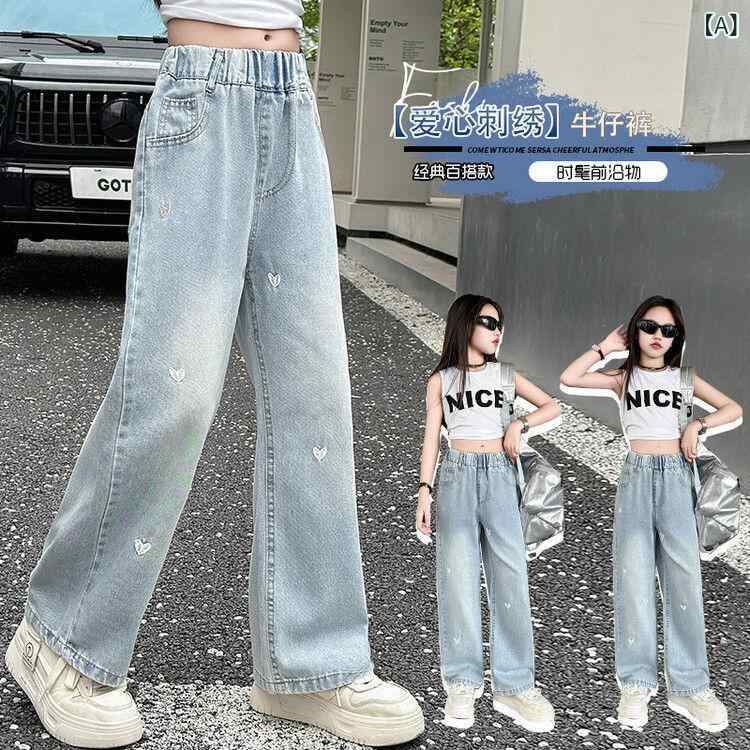 デニムパンツ ガールズ 天使刺繡 高学年 薄手 ワイドレッグパンツ ロングパンツ ゆったり 普段着 おしゃれ着 リラックスウェア