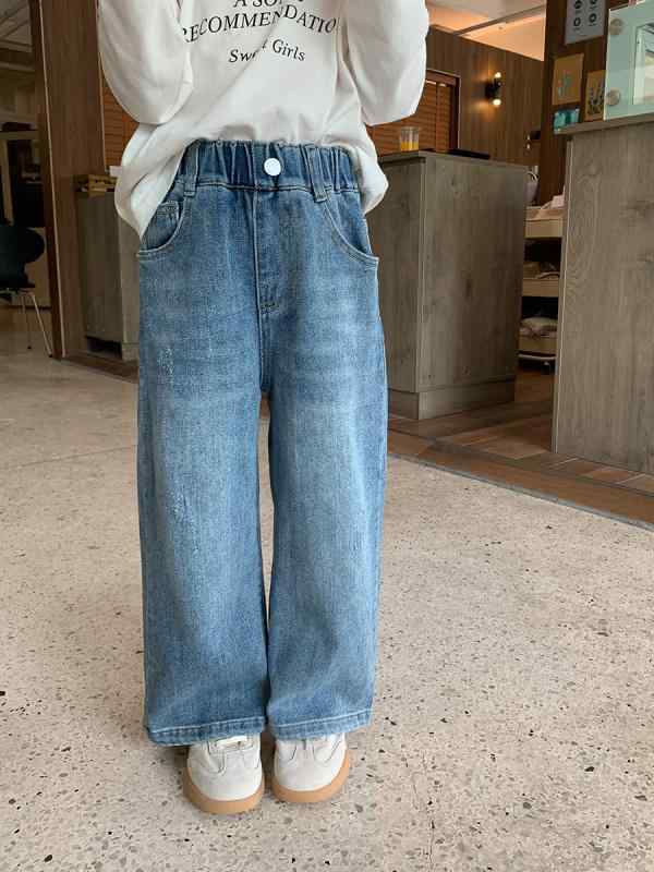 子供服 デニムパンツ ガールズ ストレッチ ジーンズ ジーパン 女の子 女児 ボトムス ズボン ロングパンツ 伸縮性 ウォッシュ加工 普段着 おしゃれ ブルー