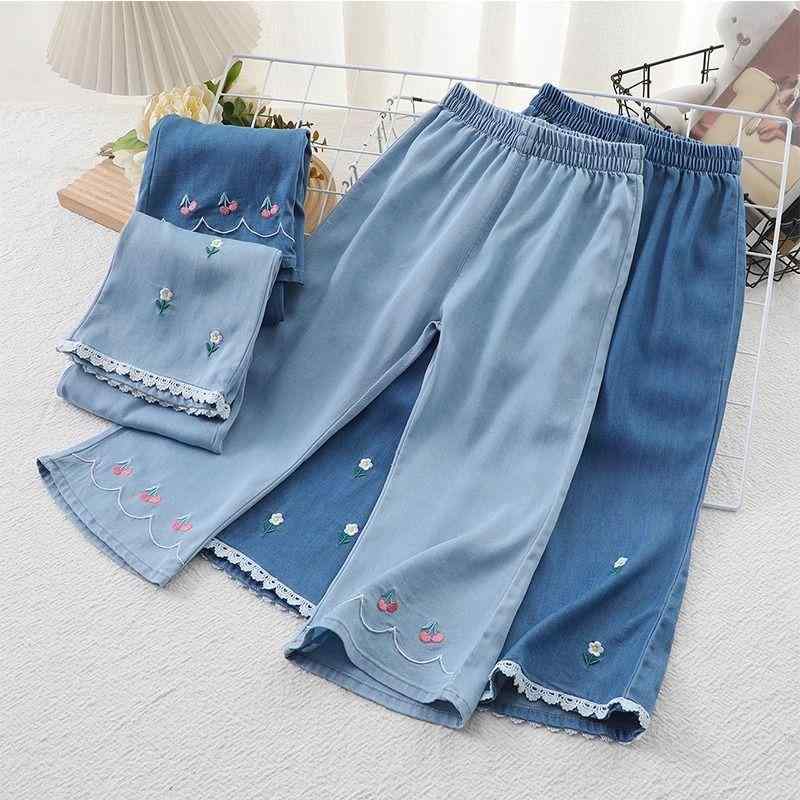 아동복 팬츠 소녀 접촉 냉감 데님 바람 긴 바지 걸즈 캐주얼 팬츠 얇은 여름 중소 3세 4세 5세 6세 7세 8세 100cm 110cm 120cm 130cm 140cm 150cm 꽃무늬 끈