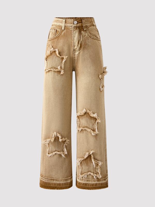 子供服 デニムパンツ 女の子 ワイドレッグパンツ 星柄 伸縮性ウエスト カーキ色 ガールズ ジーンズ ジュニア 長ズボン 普段着 B級品 コットン77% 高学年 130cm 140cm 150cm 160cm