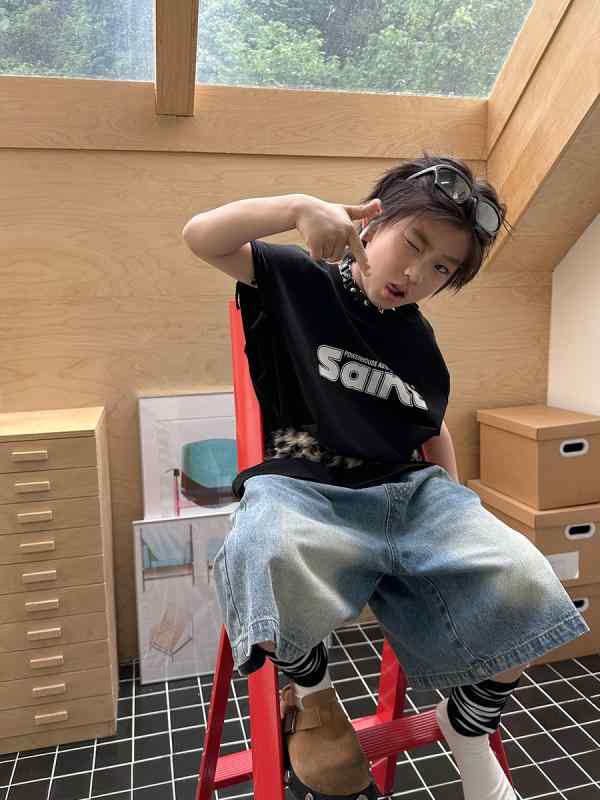 Occidental Goods - デニム 中裤 キッズ 男女兼用 子供服 ハーフパンツ デニムパンツ 薄手 デニムブルー デニムブラック
