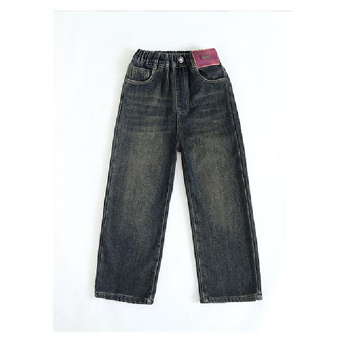 子供用ジーンズ ガールズ 裏起毛 デニムパンツ 秋冬 厚手 ワイドレッグパンツ ポリエステル混紡 高学年向け パープル