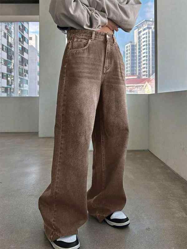 ジーンズ レディース 高腰 ストレート 濃いブラウン ゆったり ウォッシュ加工 デニムパンツ ワイドレッグパンツ(4.0)